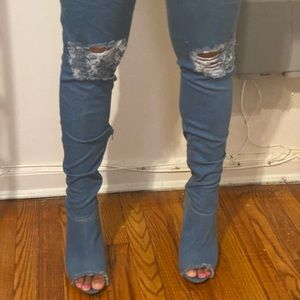 Bamboo ripped knee thigh high denim boot